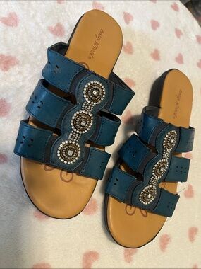 Easy Street Teal Triple-Strap Beaded Slide Sandals